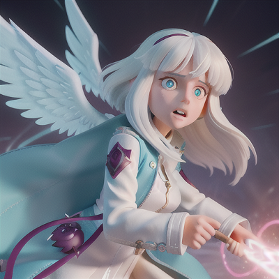 Image For Post Anime Art, Protective guardian angel, soft white hair and glowing turquoise eyes, in the center of a raging battle