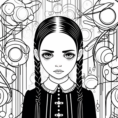 Image For Post | Wednesday Addams with her signature braids; surrounded by magical orbs and swirling lines. printable coloring page, black and white, free download - [Wednesday Addams Coloring Book Pages ](https://hero.page/coloring/wednesday-addams-coloring-book-pages-fun-coloring-for-all-ages)