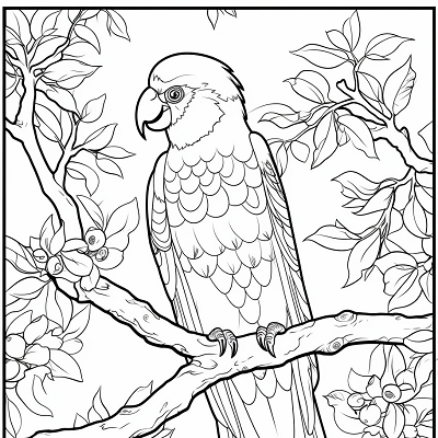 Image For Post Tropical Bird Parrot on Branch - Printable Coloring Page