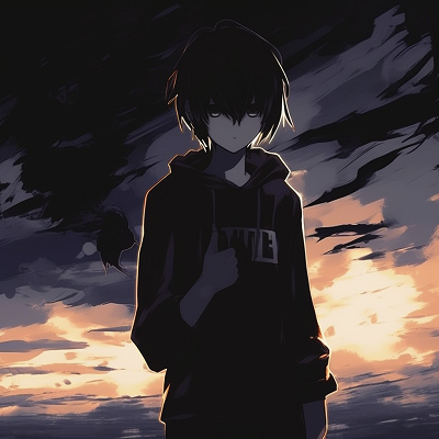 Image For Post | Silhouette of an anime boy against the dusk, use of minimalistic details and warm hues. emotive depressed pfp boys - [Depressed Anime PFP Collection](https://hero.page/pfp/depressed-anime-pfp-collection)