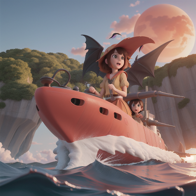 Image For Post Anime, submarine, pterodactyl, boat, witch, sunrise, HD, 4K, AI Generated Art