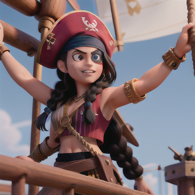 Image For Post | Anime, manga, Rebellious pirate captain, black braided hair and golden tattoos, on a fantastical ship sailing across stormy seas, swinging from the rigging, loyal crewmates rallying below, pirate attire complete with iconic hat and eyepatch, dynamic and rough hewn anime style, capturing tenacity and chaos - [AI Art, Casual Attire Anime Scene ](https://hero.page/examples/casual-attire-anime-scene-stable-diffusion-prompt-library)