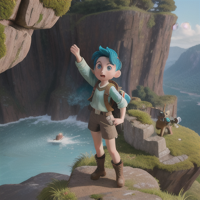 Image For Post Anime Art, Bold young explorer, teal hair and scouting binoculars, atop a rocky cliff