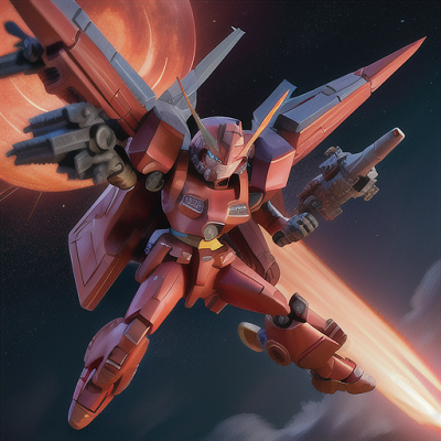 Image For Post Anime Art, Unwavering Gundam pilot, short spiky crimson hair and fierce red eyes, in the midst of an epic space battle