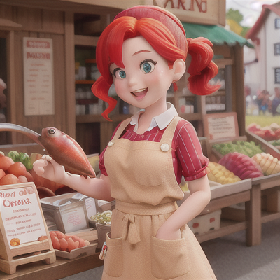 Image For Post | Anime, manga, Charming fishmonger girl, bright red hair pulled in a ponytail, in a bustling countryside market, enthusiastically selling her freshly caught fish, lively market stalls and cheerful townsfolk, casual work clothes and a fishnet pattern apron, vibrant and energetic anime style, a bustling and lively atmosphere - [AI Art, Anime Countryside Scenes ](https://hero.page/examples/anime-countryside-scenes-stable-diffusion-prompt-library)