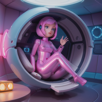 Image For Post Anime Art, Bubblegum-haired android girl, gleaming mechanical parts, inside a high-tech spaceship cabin