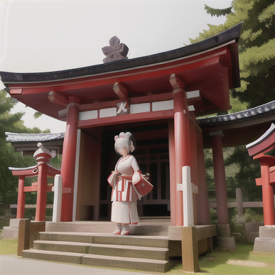 Image For Post Anime Art, Serene shrine maiden, contrasting black and white hair, at a peaceful Shinto shrine