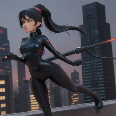 Image For Post Anime Art, Sly assassin, black hair in a high ponytail, on the rooftop of a modern city skyscraper