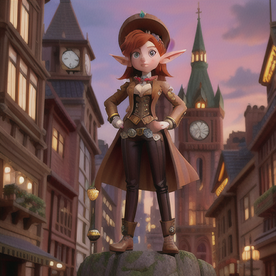 Image For Post | Anime, manga, Steampunk city elf, coppery auburn hair and mechanical artificial ears, navigating the bustling streets of a steampunk metropolis, tinkering with a complex wrist-mounted device, an imposing clock tower dominating the skyline, a tailcoat with brass accents, sharp and intricate anime style, expressing ingenuity and sophistication - [AI Art, Anime Elf Ears ](https://hero.page/examples/anime-elf-ears-stable-diffusion-prompt-library)