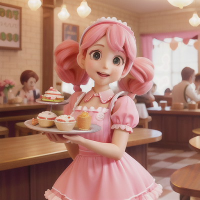 Image For Post Anime Art, Adorable cafe waitress, candy pink hair in pigtails, in a bustling and retro-themed cafe