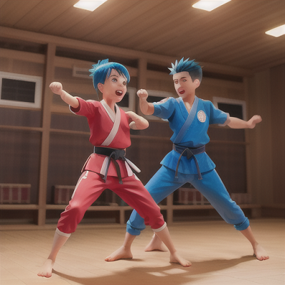 Image For Post | Anime, manga, High-spirited anime brother, spiky electric blue hair, family dojo's training area, practicing martial arts moves, younger siblings playfully trying to imitate him, traditional karate uniform, dynamic and action-packed illustration, a joyful, inspiring scene - [AI Art, Anime Family Members ](https://hero.page/examples/anime-family-members-stable-diffusion-prompt-library)