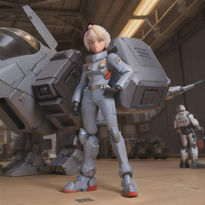Image For Post Anime Art, Determined mecha pilot, platinum blonde hair spiky and short, in a vast hangar filled with giant mech suits
