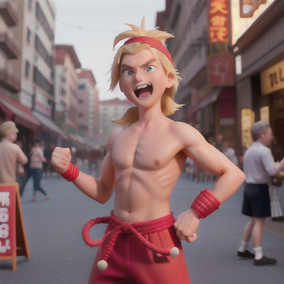 Image For Post Anime Art, Comical martial artist, spiky dirty-blond hair, in a crowded market street