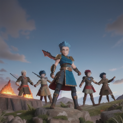 Image For Post | Anime, manga, Confident team leader, spiky blue hair and piercing eyes, standing in front of a rugged landscape, making a battle strategy, diverse group of fellow warriors gathered around, red and black armor with a glowing emblem, high-energy anime style, a tense and dynamic atmosphere - [AI Art, Anime Team of Men Scene ](https://hero.page/examples/anime-team-of-men-scene-stable-diffusion-prompt-library)