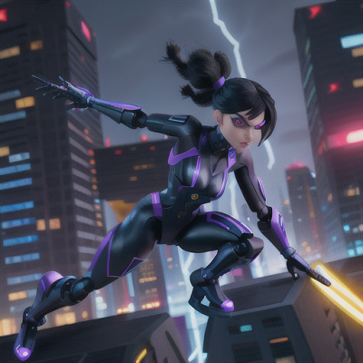 Image For Post Anime Art, Fierce cyber-ninja, electrifying indigo hair and robotic arm, amidst a dark futuristic cityscape