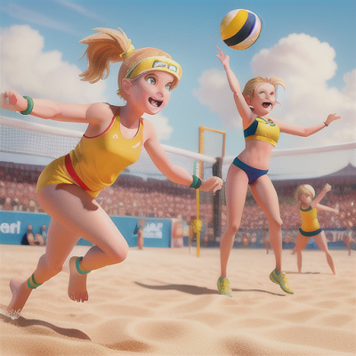 Image For Post | Anime, manga, Energetic beach volleyball player, golden-blond hair in a high ponytail, dynamic action on a sandy court, excitedly diving for a ball, teammates in the background cheering on, sporty beachwear with wristbands and visor, intense saturation and fast pace, enthusiastic and spirited ambiance - [AI Art, Anime Beach Scene ](https://hero.page/examples/anime-beach-scene-stable-diffusion-prompt-library)