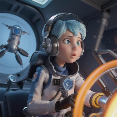 Image For Post Anime Art, Distraught space pilot, icy blue hair, inside a cockpit with flashing warning lights