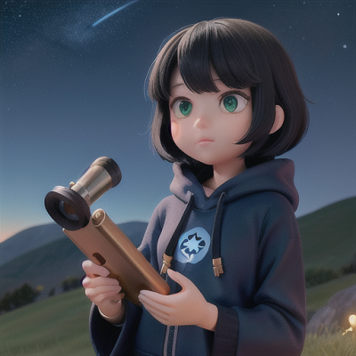 Image For Post Anime Art, Stargazing otaku, short black hair and shining green eyes, on a hill beneath a vast night sky