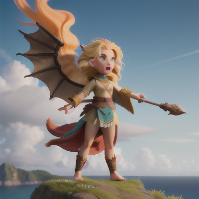 Image For Post Anime Art, Untamed dragon tamer, wild blond hair, standing on a cliff overlooking a turbulent ocean