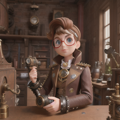 Image For Post Anime Art, Ambitious steampunk inventor, spiky brown hair with goggles, inside a Victorian workshop
