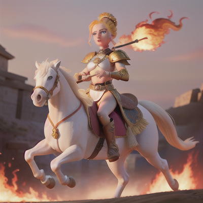Image For Post Anime Art, Fearless warrior princess, radiant yellow hair styled in an elaborate updo, on a fiery battlefield