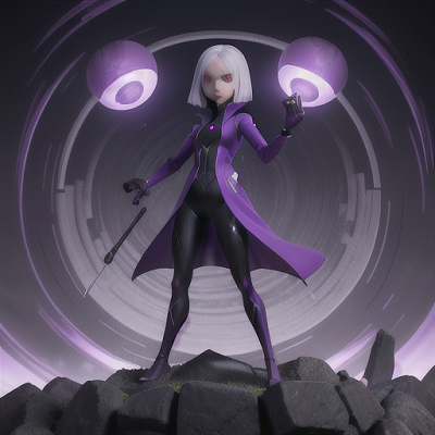 Image For Post Anime Art, Sinister psychic assassin, piercing violet eyes and white hair, in a battleground filled with floating debri