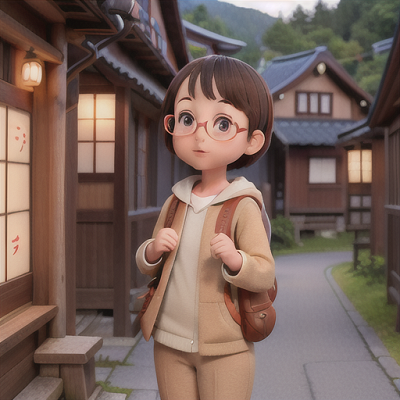 Image For Post Anime Art, Curious traveler, short brown hair and glasses, in a quaint Japanese village at dawn