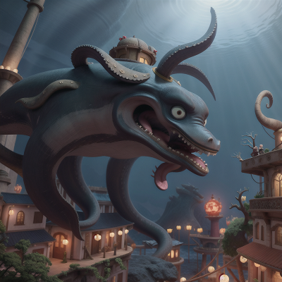 Image For Post Anime, kraken, villain, storm, underwater city, circus, HD, 4K, AI Generated Art