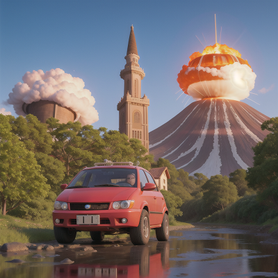 Image For Post Anime, hovercraft, volcano, car, tower, river, HD, 4K, AI Generated Art