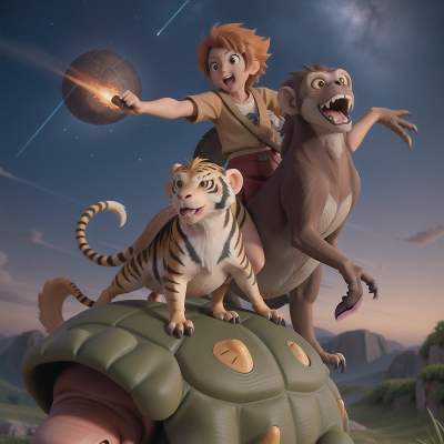 Image For Post Anime, monkey, pterodactyl, turtle, sabertooth tiger, meteor shower, HD, 4K, AI Generated Art