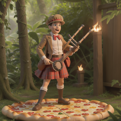 Image For Post Anime, bagpipes, holodeck, jungle, ghostly apparition, pizza, HD, 4K, AI Generated Art