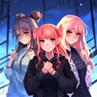 Image For Post | A focused display of a girl anime trio, bright colors, and intricate character features. girl anime trio pfp pfp for discord. - [Anime Trio PFP](https://hero.page/pfp/anime-trio-pfp)