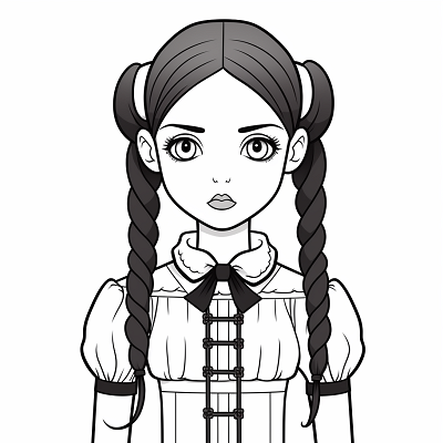 Image For Post | A portrait-style drawing of Wednesday Addams with crossed arms and braided hair; fine details on her iconic dress. printable coloring page, black and white, free download - [Wednesday Addams Printable Coloring Pages, Adult Coloring Crafts, Kid Fun Pages](https://hero.page/coloring/wednesday-addams-printable-coloring-pages-adult-coloring-crafts-kid-fun-pages)