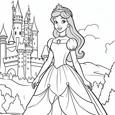Image For Post | A princess posed in front of a castle; simple lines and some detailed elements.printable coloring page, black and white, free download - [Coloring Pages for Girls ](https://hero.page/coloring/coloring-pages-for-girls-printable-art-cute-designs-fun-colors)