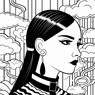 Image For Post | Side view of the iconic Wednesday Addams, wrapped in a sea of intricate details. printable coloring page, black and white, free download - [Wednesday Addams Coloring Book Pages ](https://hero.page/coloring/wednesday-addams-coloring-book-pages-fun-coloring-for-all-ages)