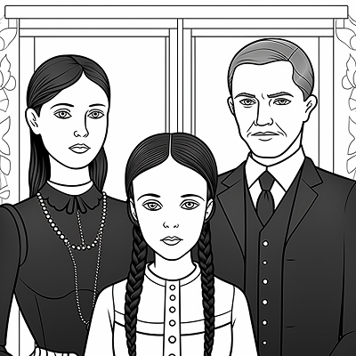 Image For Post | Wednesday Addams and her family; clean lines and expressive faces. printable coloring page, black and white, free download - [Wednesday Addams Coloring Book Pages ](https://hero.page/coloring/wednesday-addams-coloring-book-pages-fun-coloring-for-all-ages)