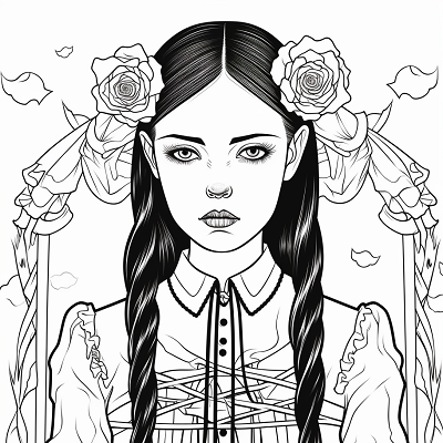 Image For Post | Portrait style image of Wednesday Addams with intricate patterns. printable coloring page, black and white, free download - [Wednesday Addams Coloring Book Pages ](https://hero.page/coloring/wednesday-addams-coloring-book-pages-fun-coloring-for-all-ages)