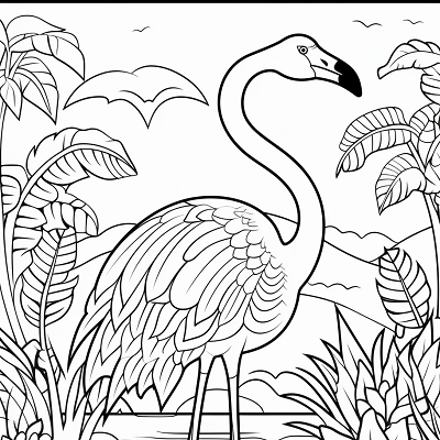 Image For Post | A sketched flamingo standing in a tropical environment; detailed shading and textures.printable coloring page, black and white, free download - [Bird Coloring Pages ](https://hero.page/coloring/bird-coloring-pages-free-printable-creative-sheets)