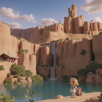 Image For Post Anime, desert, village, waterfall, princess, bear, HD, 4K, AI Generated Art