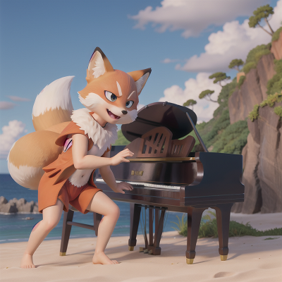 Image For Post Anime, piano, shield, island, beach, fox, HD, 4K, AI Generated Art