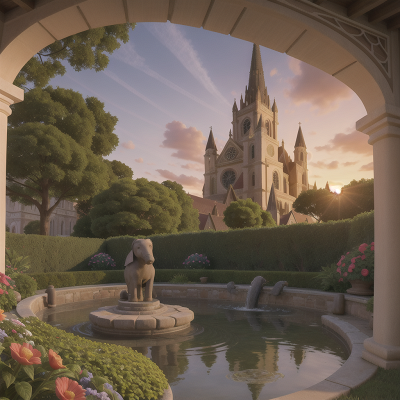 Image For Post Anime, cathedral, sunrise, garden, fish, elephant, HD, 4K, AI Generated Art