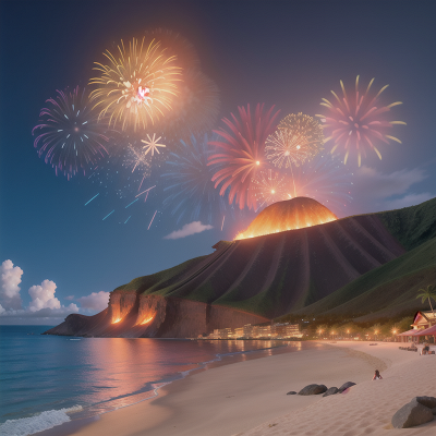Image For Post Anime, key, beach, fireworks, volcano, ocean, HD, 4K, AI Generated Art