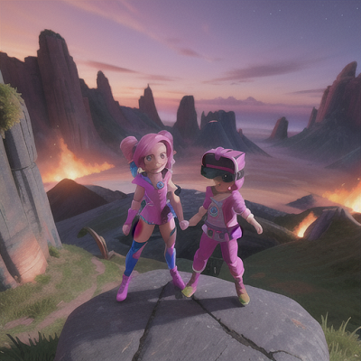 Image For Post Anime Art, Gamer duo, one with sunset pink hair and the other with comet blue, in an action-packed virtual reality worl