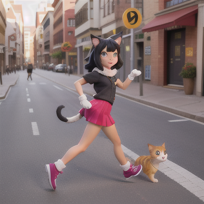 Image For Post Anime Art, Playful catgirl, black hair with cat ears and a furry tail, in a bright and sunny modern city