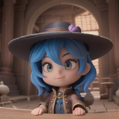 Image For Post Anime Art, Charming thief, azure hair styled under a wide-brimmed hat, within a poorly lit ancient temple