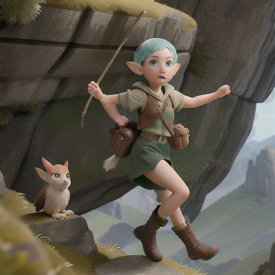 Image For Post Anime Art, Adventurous elven scout, sporty short hair and streamlined pointed ears, traversing a treacherous mountain p