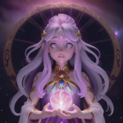 Image For Post Anime Art, Ancient cosmic being, flowing lavender hair and glowing eyes, floating amongst glittering nebulae and stars