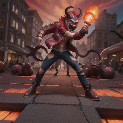 Image For Post Anime Art, Half-demonic brawler, dark red horns and menacing grin, in a chaotic city square