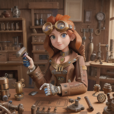 Image For Post Anime Art, Inventive gadgeteer, amber hair with steampunk goggles on top, workshop filled with machinery and gears