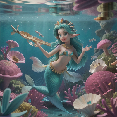 Image For Post Anime Art, Playful mermaid musician, long teal hair adorned with seashells, frolicking in a serene underwater garden